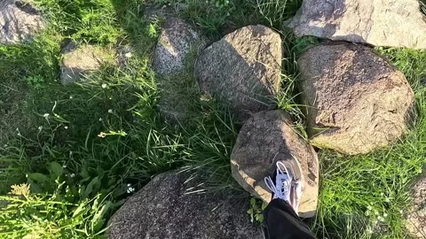 Person walking on stone pathway through natural outdoor environment Stock Footage 314629948