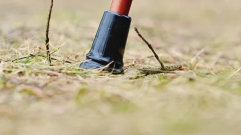 Person Walking With Support Cane Pressing Into Grass and Uneven Ground, Spring Stock Footage 303406750