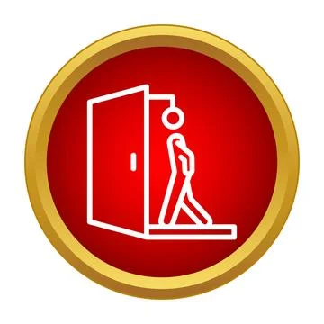 Person walking through door exit sign red circle Stock Illustration