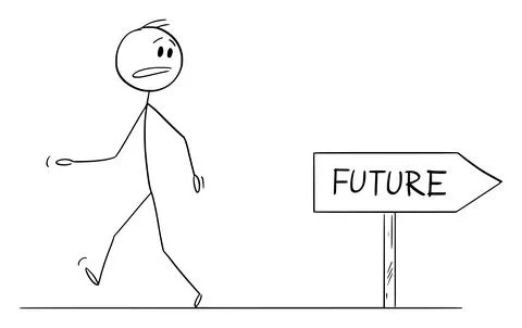 Person Walking Wrong Way to Future, Vector Cartoon Stick Figure Illustration Stock Illustration
