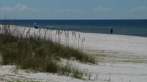   person walks down white sandy beach, sea oats in foreground, water bkg Stock Footage 55154273