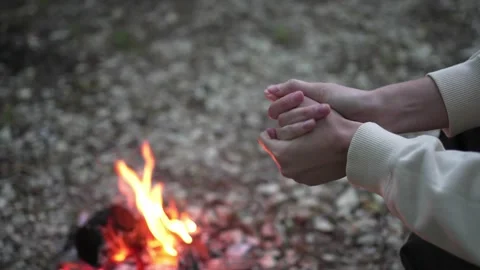 The person warms her hands by a small fire in nature in the forest. Twilight Video stock 166946377