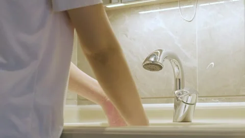 Person Washing Hands With Soap Under Chrome Faucet In Modern Bathroom Stockbeeldmateriaal 336563541