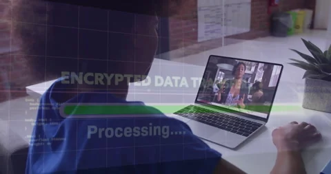 Person watching video on laptop with encrypted data transfer animation overlay Stock Footage 303676429