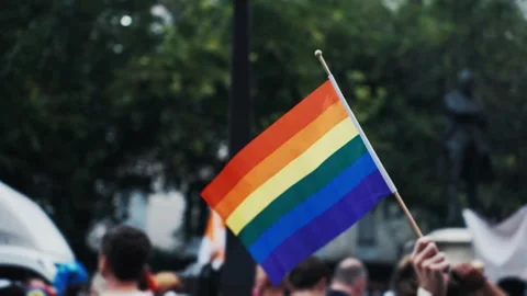 Person waving a rainbow flag during a gay pride parade Stock Footage 346990228