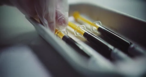 Person wearing gloves while picking up a liquid filled syringe from a tray .. Stock Footage 255751102
