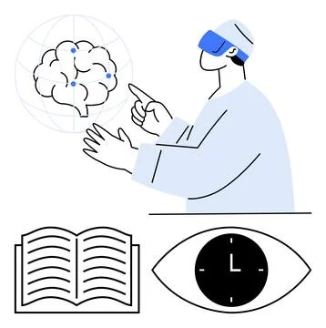 Person wearing VR headset interacts with digital brain hologram. Open book, c Stock Illustration