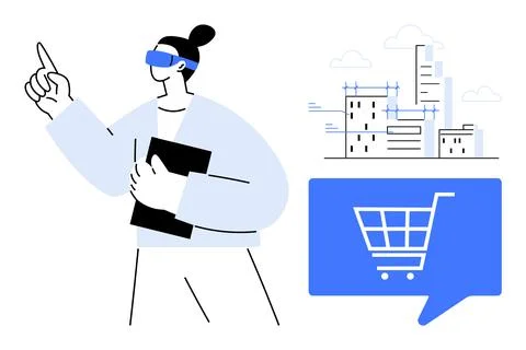 Person wearing VR headset pointing upwards, holding a tablet, city buildings  Ilustración de archivo