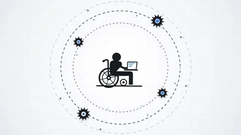 Person in wheelchair using laptop computer surrounded by animated orbital g.. Stock Footage 345334334