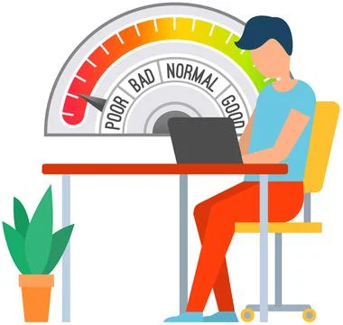 Person work hard at computer. Deadline, work speed. Color scale with arrow from Stock Illustration