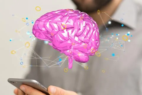 A person working with a 3D render of human brain - artificial intelligence co Stock Photos