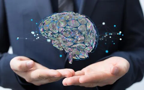 A person working with a 3D render of human brain - artificial intelligence co Stock Photos