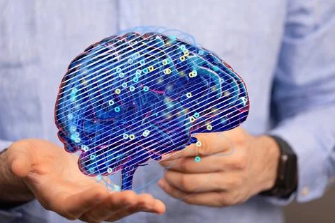 A person working with a 3D render of human brain - artificial intelligence co Stock Photos