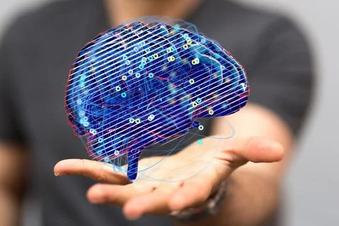 A person working with a 3D render of human brain - artificial intelligence co Stock Photos