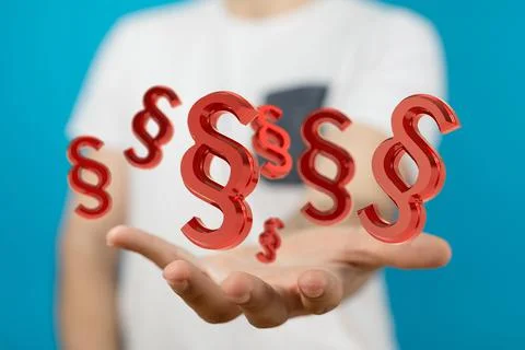 Person working with a 3D rendering of digital paragraph law symbol Stockfoto's