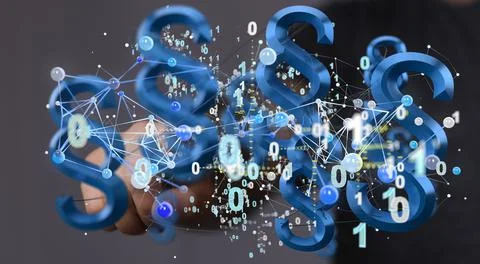 Person working with a 3D rendering of digital paragraph law symbol 写真素材