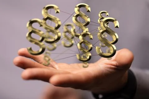 Person working with a 3D rendering of digital paragraph law symbol 写真素材