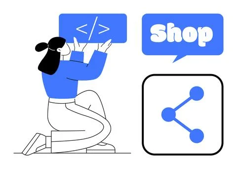 Person Working with Code, Shopping, and Social Sharing Symbols Stock Illustration