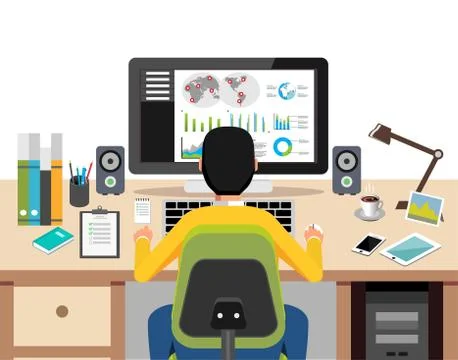 Person working on computer analyzing business growth. Monitoring E-commerce o Stock Illustration