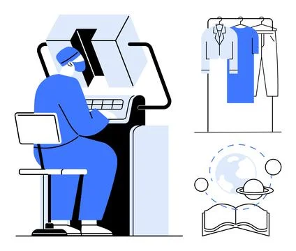 Person working at computer, clothing on a rack, and an open book with astrono Illustrazione stock