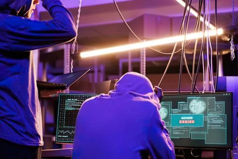 Person working on computer with cybersecurity interface 库存照片
