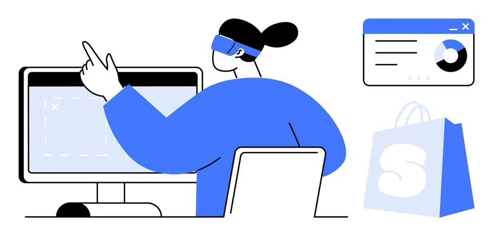 Person Working at Computer with Data Visualization and Shopping Bag on the Si Stock Illustration