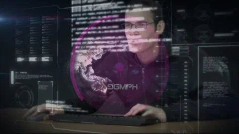 Person working on computer with digital data and speedometer animation overlay Stock Footage 303590253