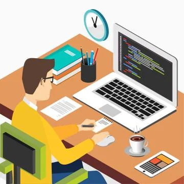 Person working on computer. Programming or coding concept. Modern isometric i Stock Illustration