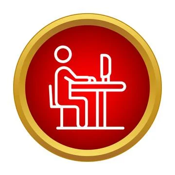 Person working at computer in red round icon Stock Illustration