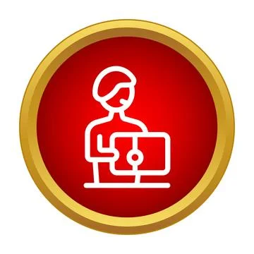 Person working on computer in round red icon 스톡 일러스트