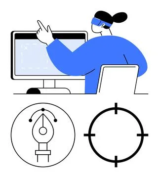 Person working on computer screen, gesturing to design elements. Icons includ 库存插图