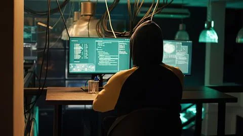 Person working at computer screens in tech office Stock Photos