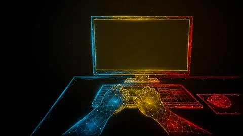 Person working at a computer. Using a computer. Polygonal vector illustration Stock Illustration