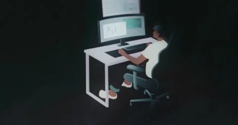 Person working at a desk with multiple monitors with code lines and graphs Stock Footage 313492673