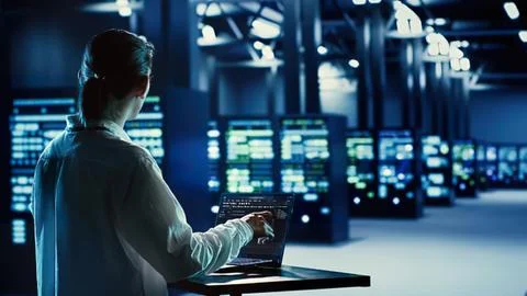 Person working in a high-tech server room Stock Photos