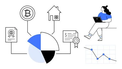 Person working on laptop, analyzing data through pie chart, Bitcoin, house, c Illustrazione stock