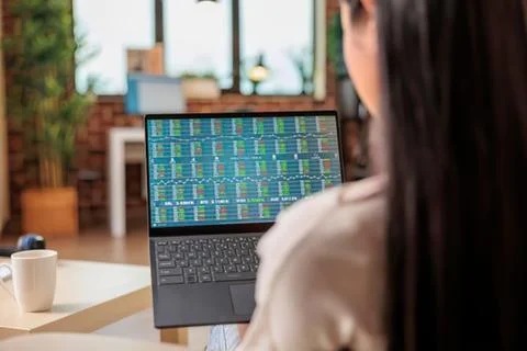 Person working on laptop with coding screen Stock Photos