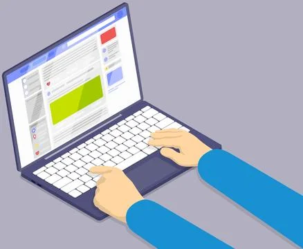 Person working on laptop computer. Content filling, smm management and social イラスト素材