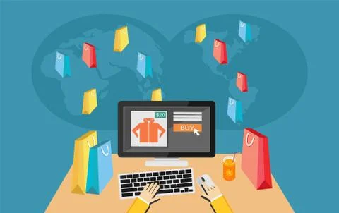 Person working on laptop computer shopping on e-commerce store. Stock Illustration