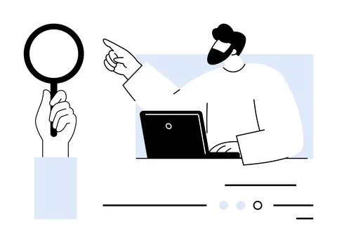 Person working on a laptop points at something while another hand holds a mag Illustrazione stock