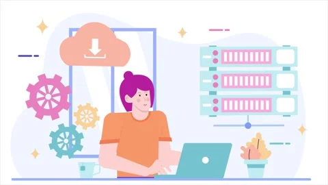 A person working on a laptop surrounded by technology elements like servers Stock Footage 292948103