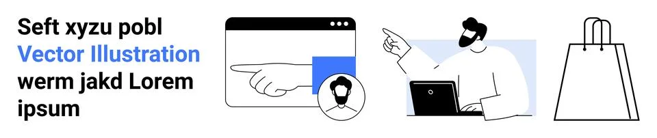 Person working on laptop while pointing, hand icon in web browser, shopping b Stock Illustration
