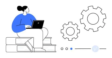 Person working on a laptop while sitting on stacked books. Gears and progress Stock Illustration