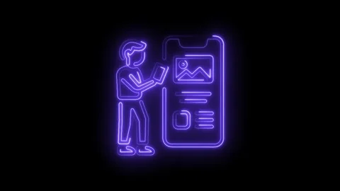 Person working with mobile app on tablet neon outline on black background Stock Footage 330772505