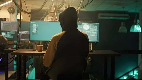 Person working on multiple computer screens in dim room Stock Photos