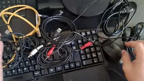 A person working with video cables and computer equipment in a modern workspace Stock Footage 340200927