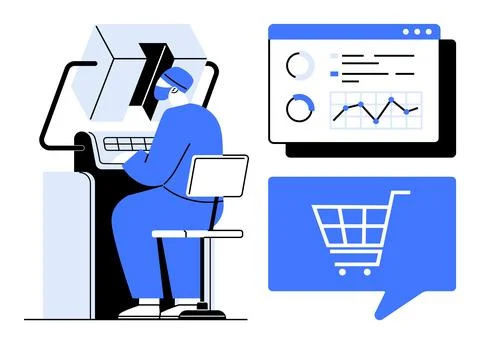 Person at workstation analyzing data with charts, using VR headset. Ideal for Stock Illustration