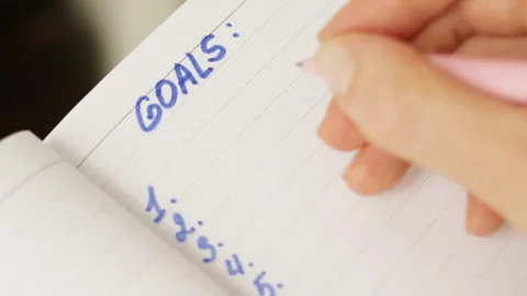 The person writes down a list of his goals in a notebook, plans Stock Footage 252583803