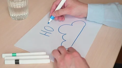 A person writes the word Hope using colorful markers on a sheet of paper. The Stockbeeldmateriaal 337558861
