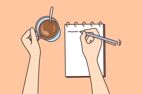 Person writing in notepad drinking coffee イラスト素材